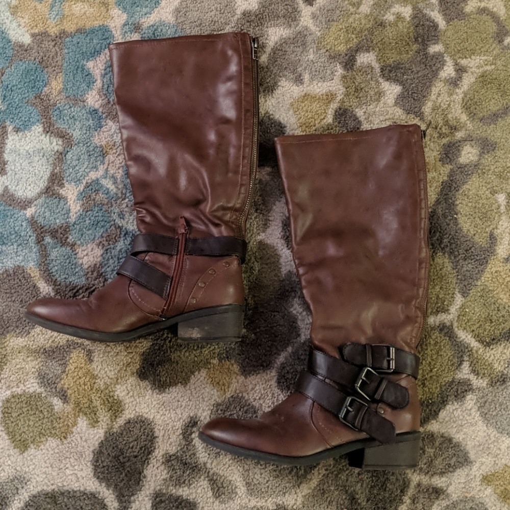 Faux leather knee high boots with buckles